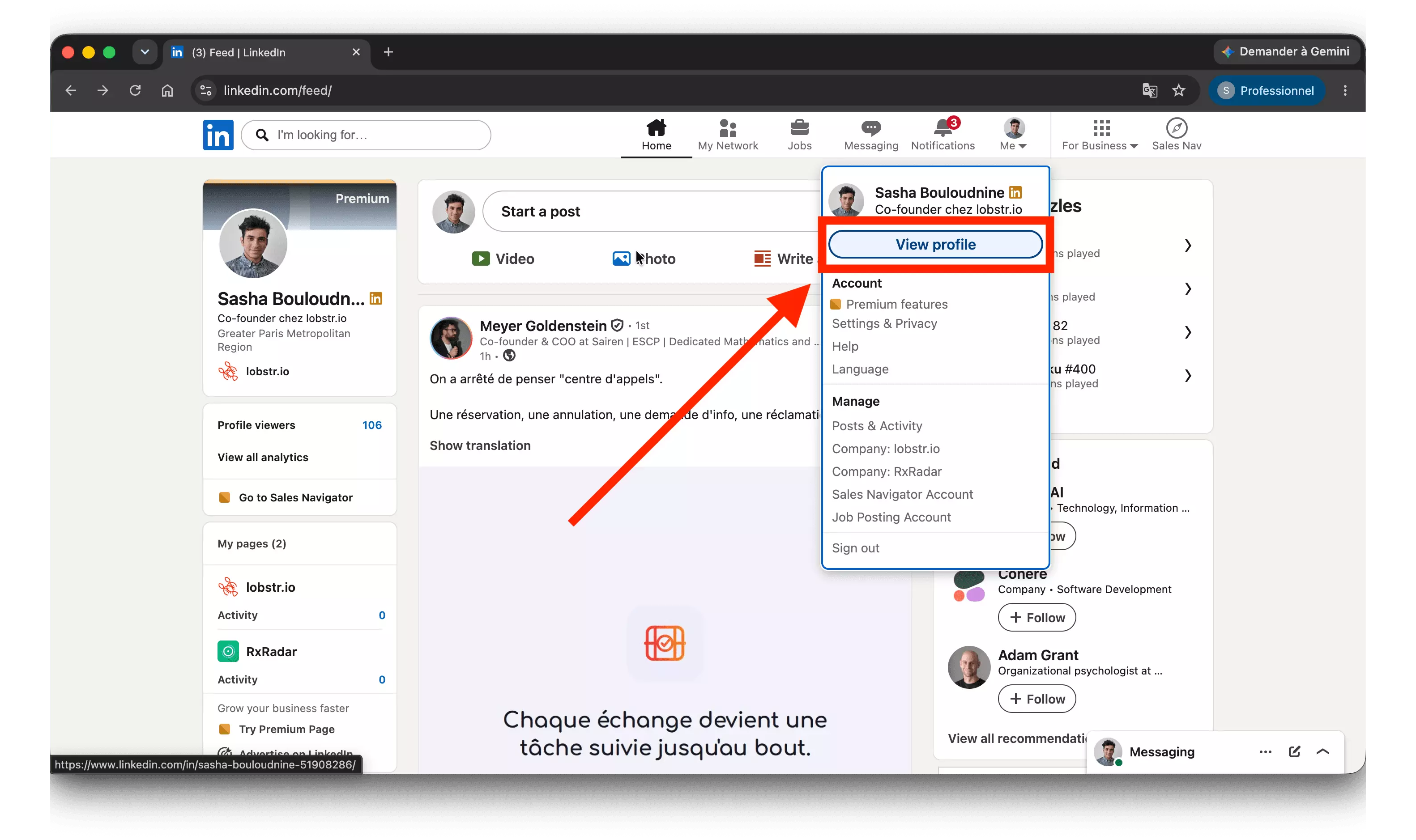 LinkedIn desktop with the Me dropdown open and the View profile button highlighted in red