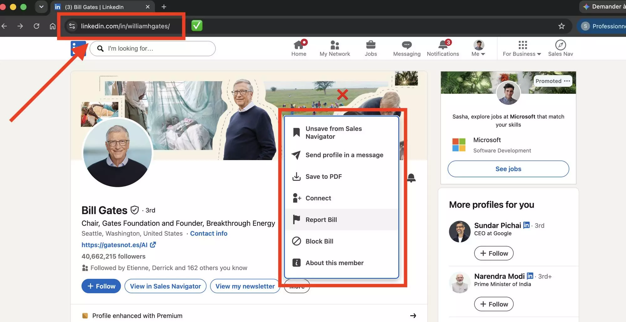 Bill Gates's LinkedIn profile with the More menu open: Save to PDF, Connect, Report, Block β but no copy-link option