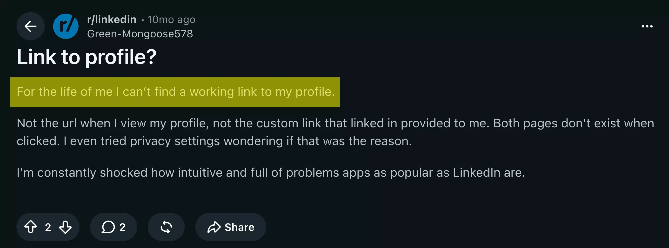 Reddit post on r/linkedin titled Link to profile: for the life of me I can't find a working link to my profile