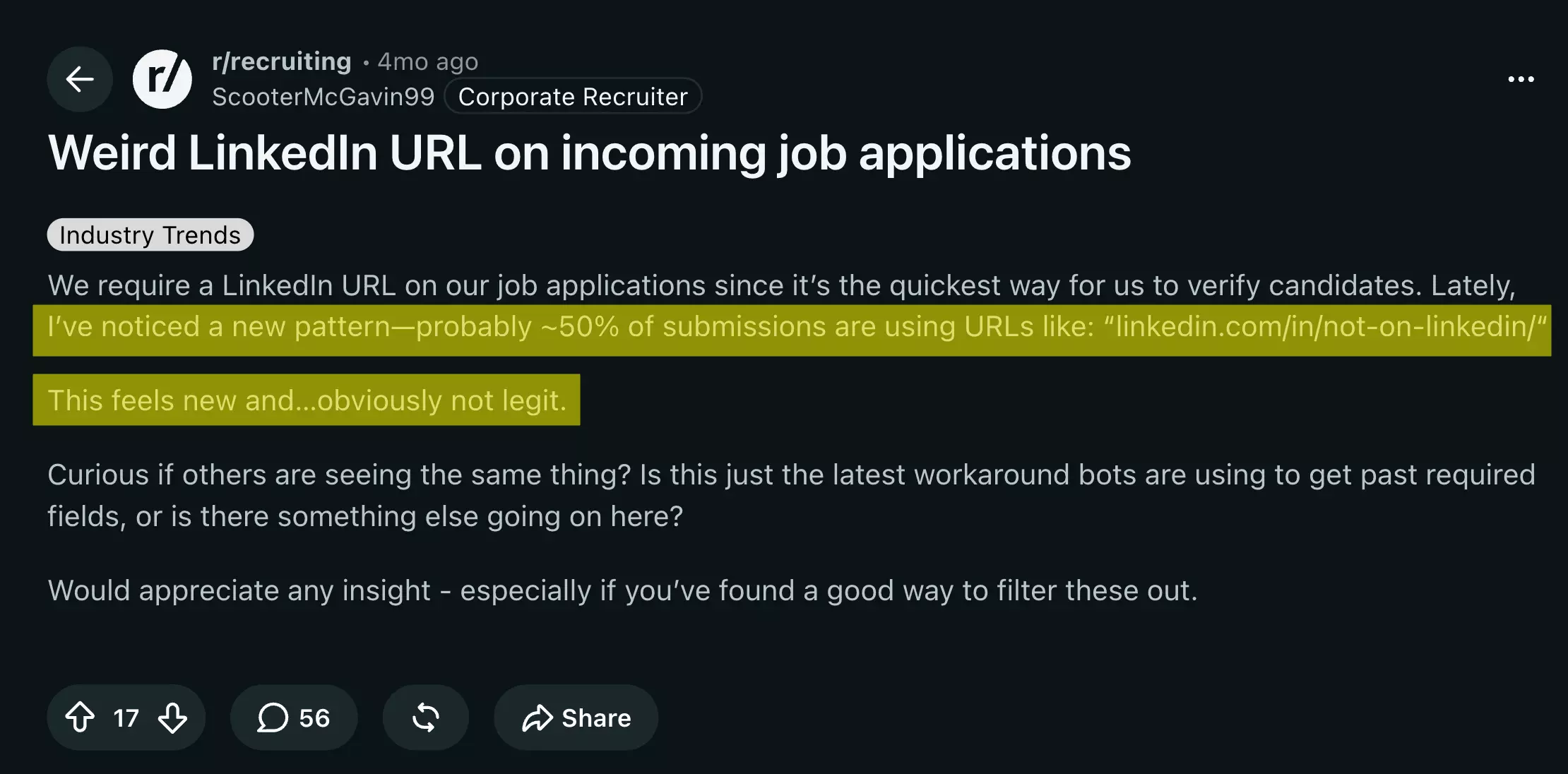 Reddit post on r/recruiting: recruiters require a LinkedIn URL to verify candidates, and around 50% of submissions now use fake URLs like linkedin.com/in/not-on-linkedin