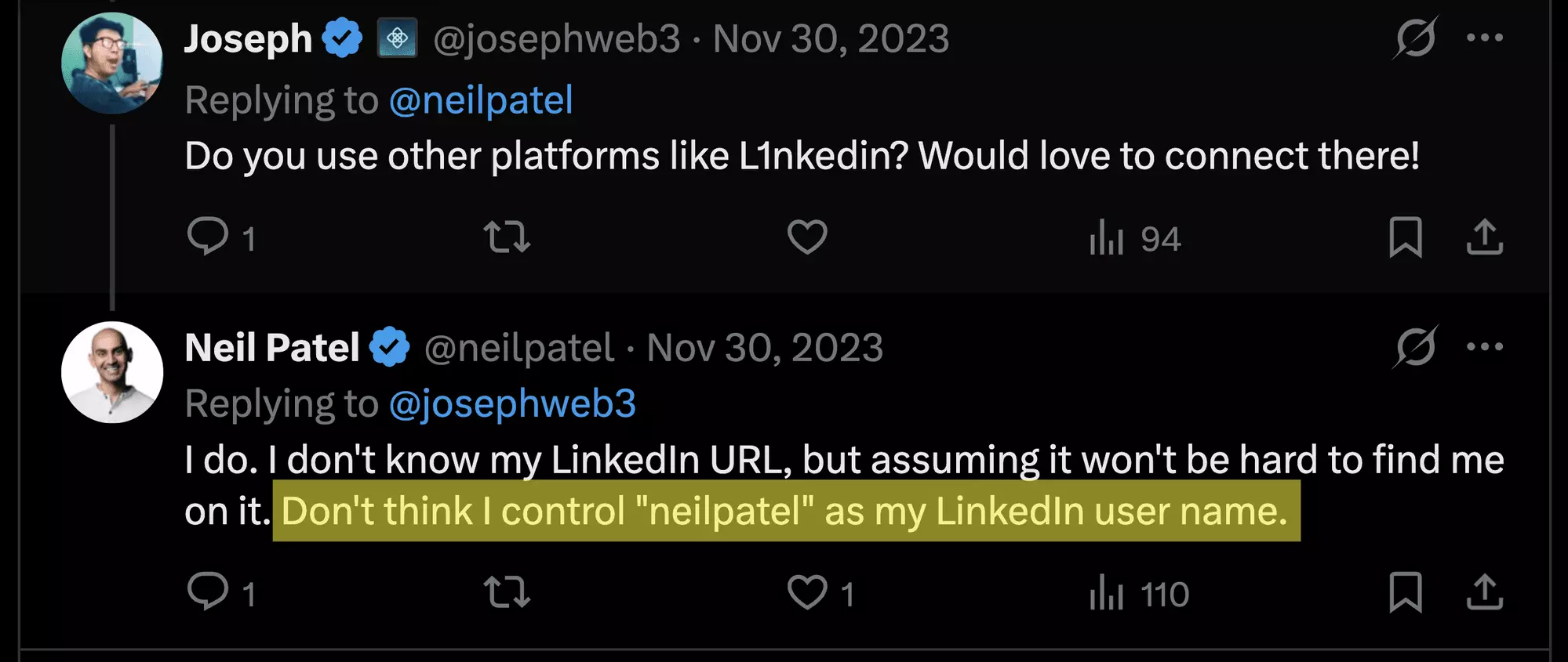 X thread: Neil Patel replies that he doesn't know his LinkedIn URL, with his admission that he doubts he controls neilpatel as his user name highlighted