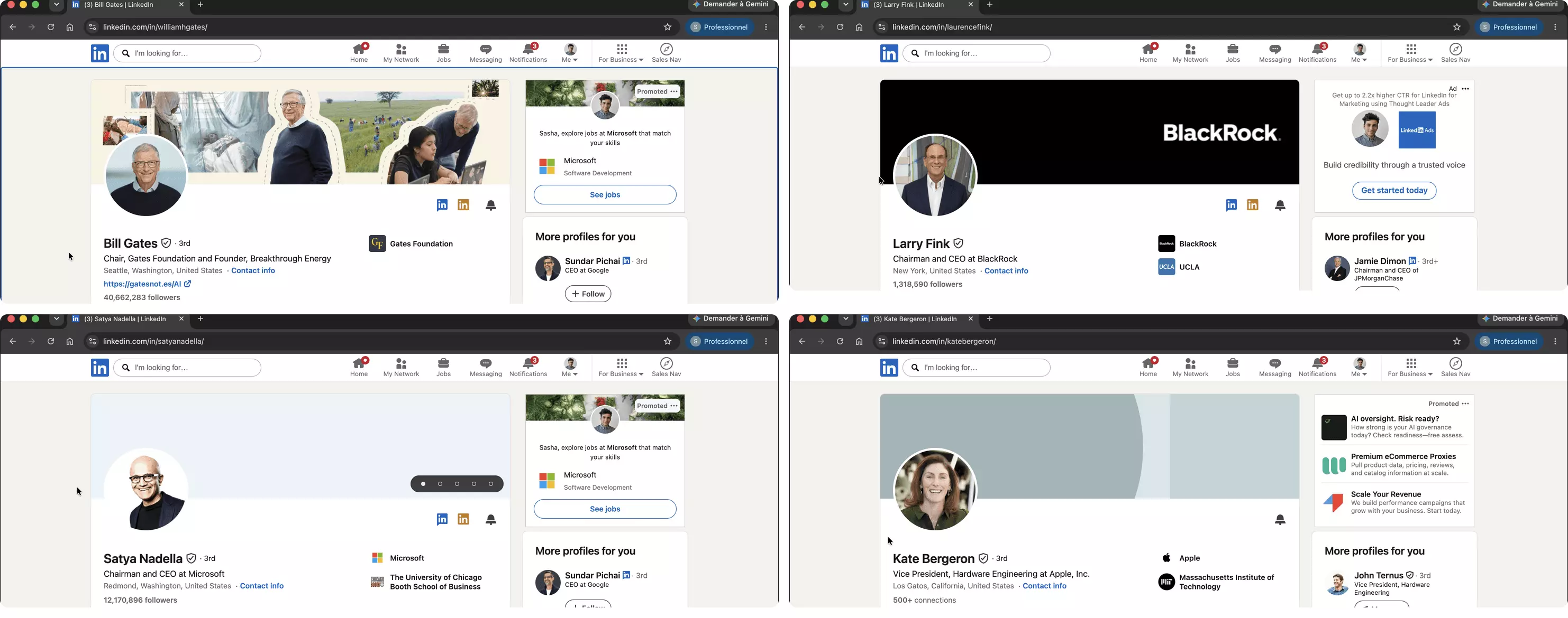 Four live LinkedIn profiles with clean full-name URLs in the address bar: Bill Gates, Larry Fink, Satya Nadella, and Apple's Kate Bergeron