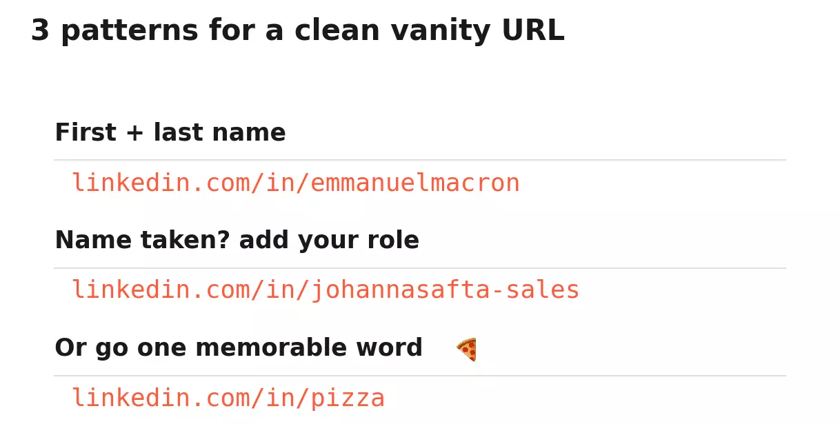 3 patterns for a clean vanity URL: first and last name (in/emmanuelmacron), name plus role (in/johannasafta-sales), or one memorable word (in/pizza)