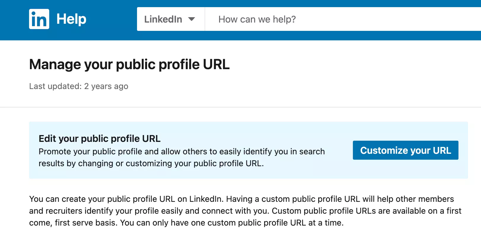 LinkedIn's official Manage your public profile URL help page, with the Edit your public profile URL panel and the Customize your URL button