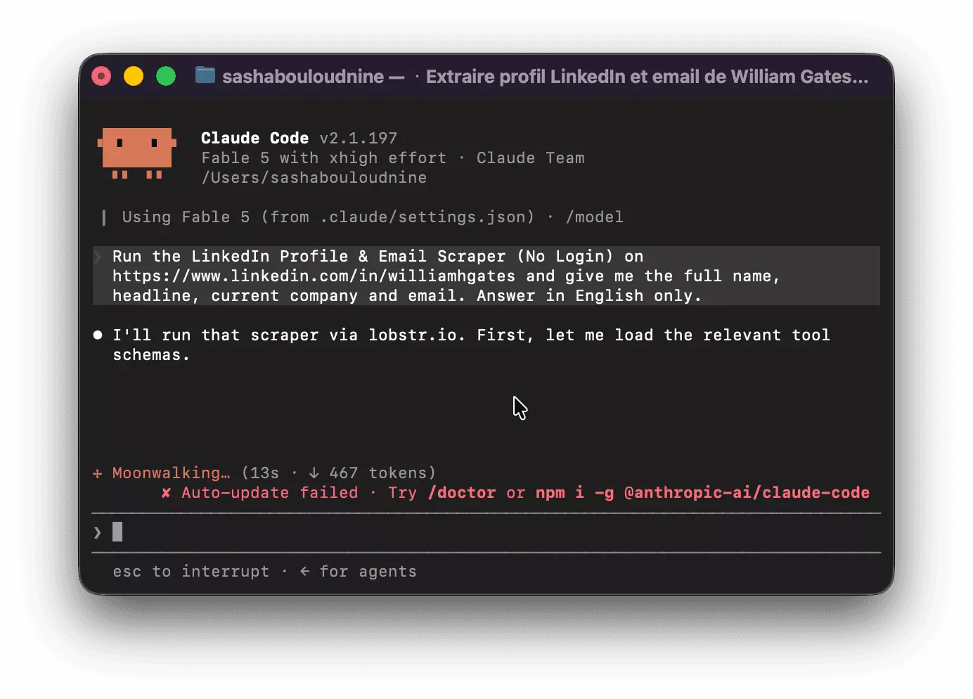 Claude Code connected to the lobstr.io MCP server, prompted to run the No-Login scraper on Bill Gates's LinkedIn URL and loading the scraper tools