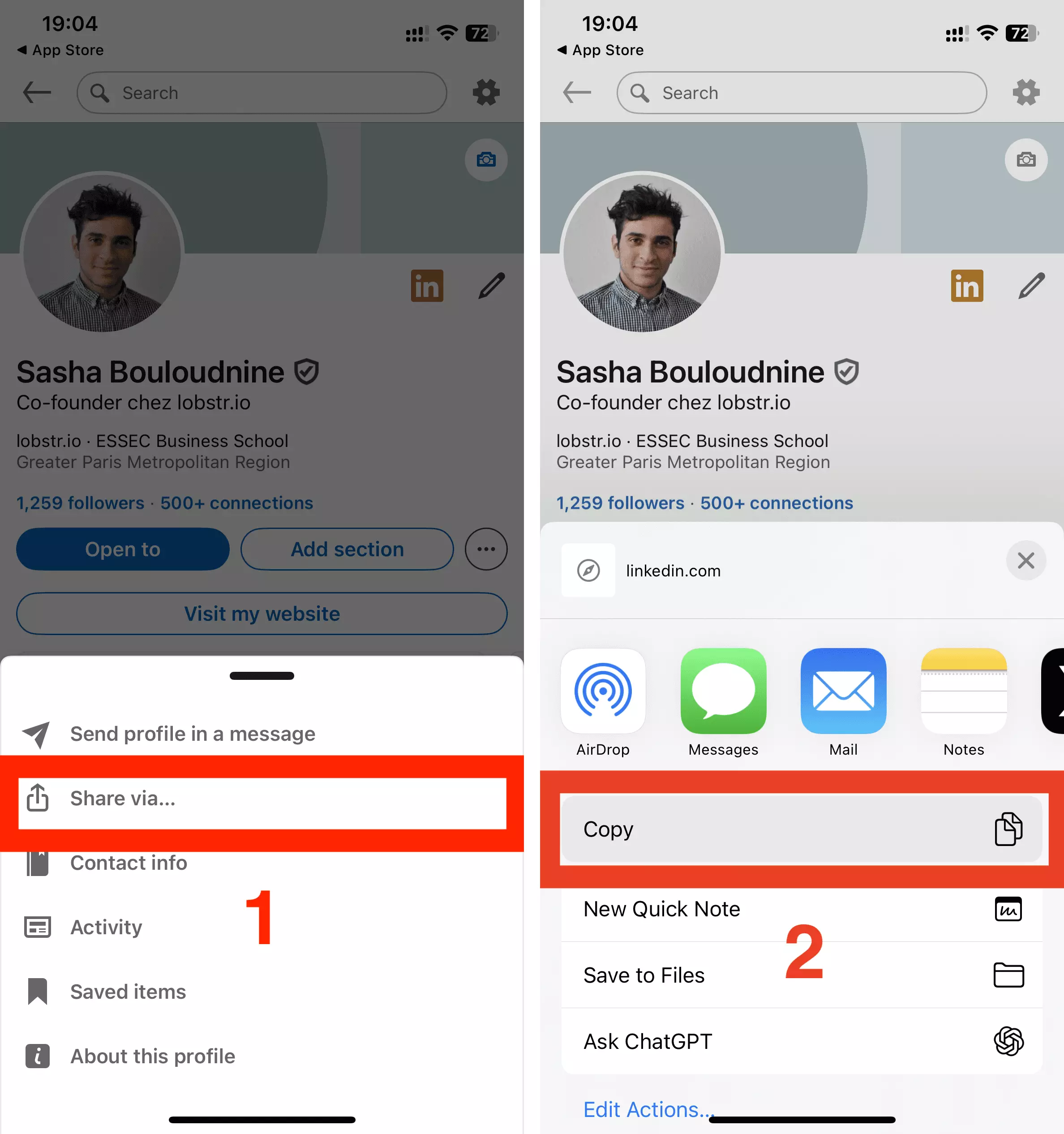 Two iPhone screenshots: step 1, the profile menu with Share via highlighted; step 2, the share sheet with Copy highlighted