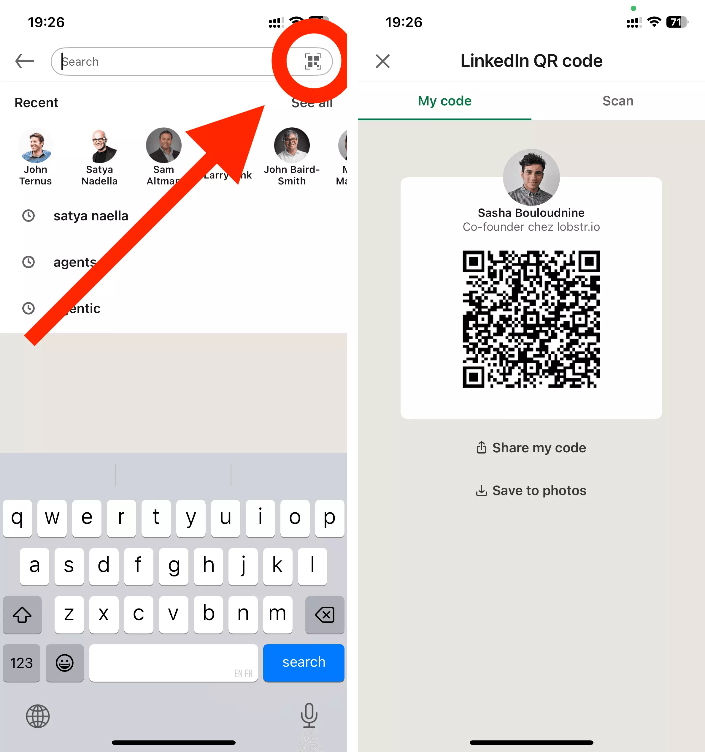 Two iPhone screenshots: the QR icon circled in the LinkedIn app search bar, then the My Code tab showing the profile QR code