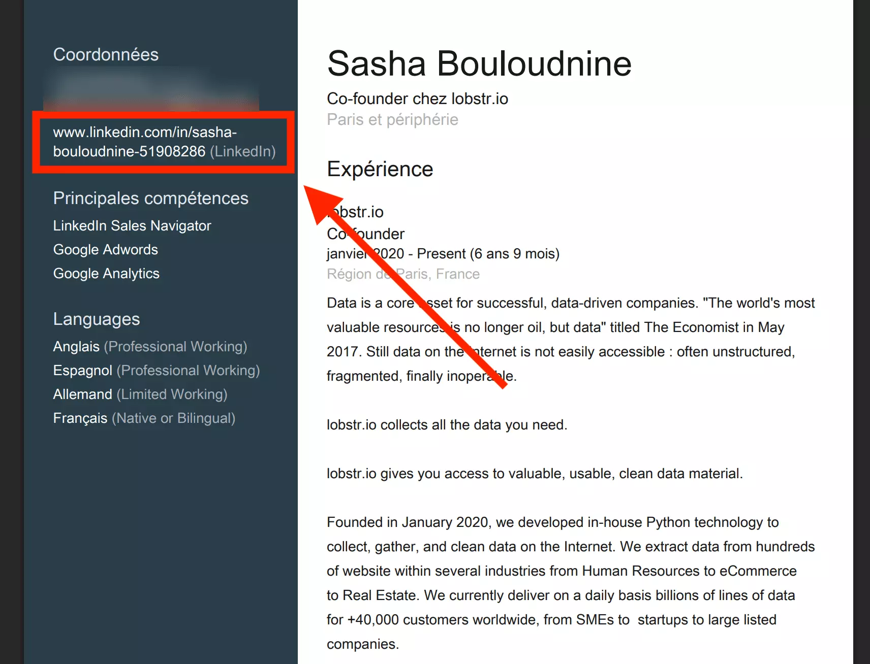A resume with the LinkedIn profile URL framed in the contact details column