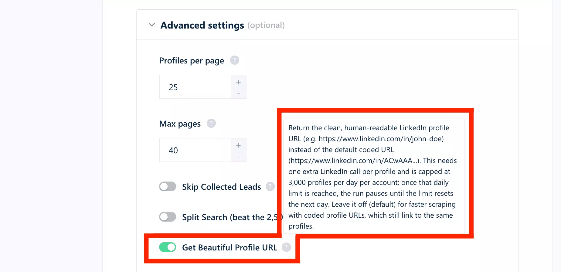 The Sales Navigator Leads Scraper advanced settings with the Get Beautiful Profile URL toggle on and its tooltip highlighted