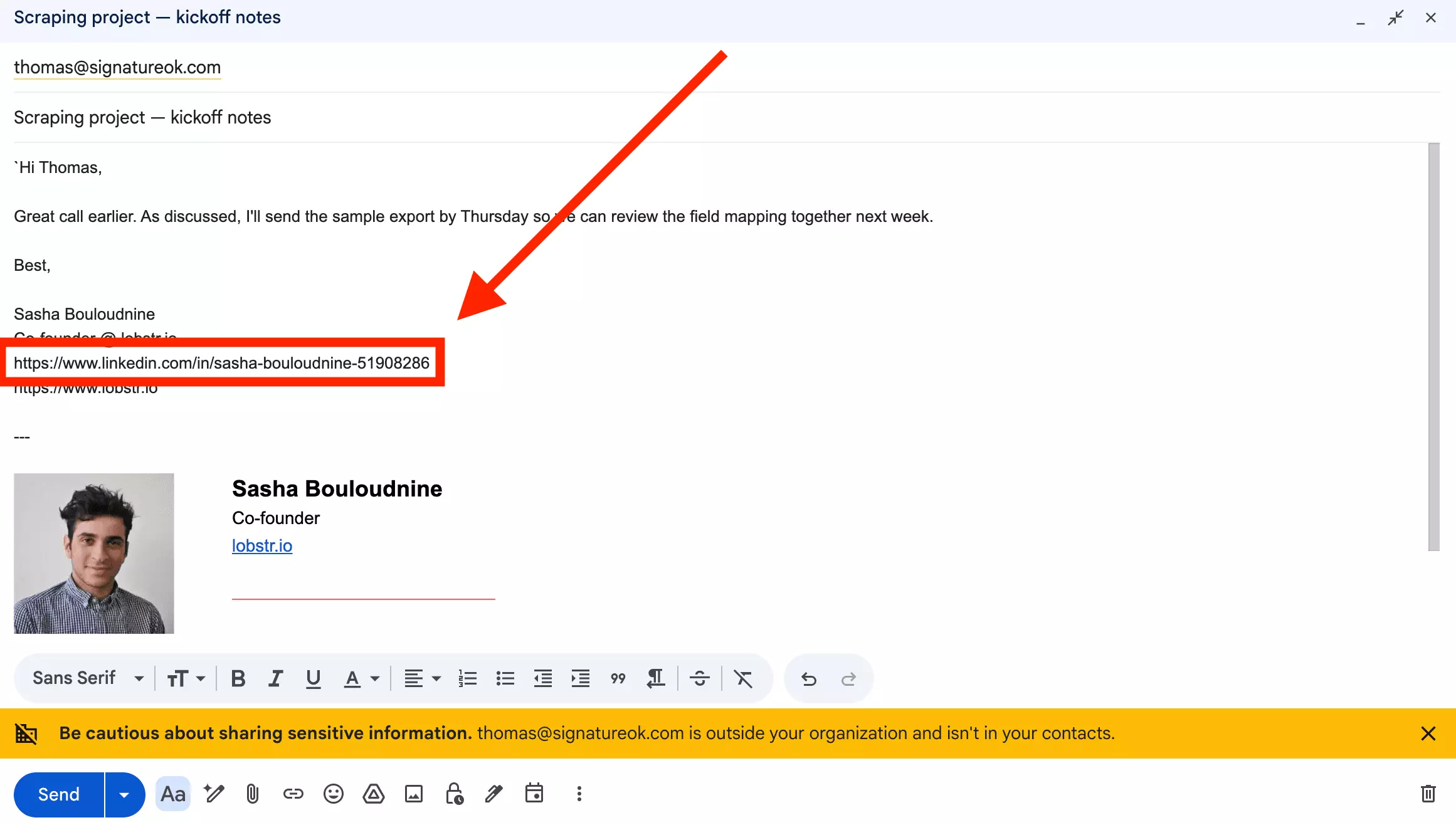 A Gmail compose window with the LinkedIn profile URL framed in the email signature