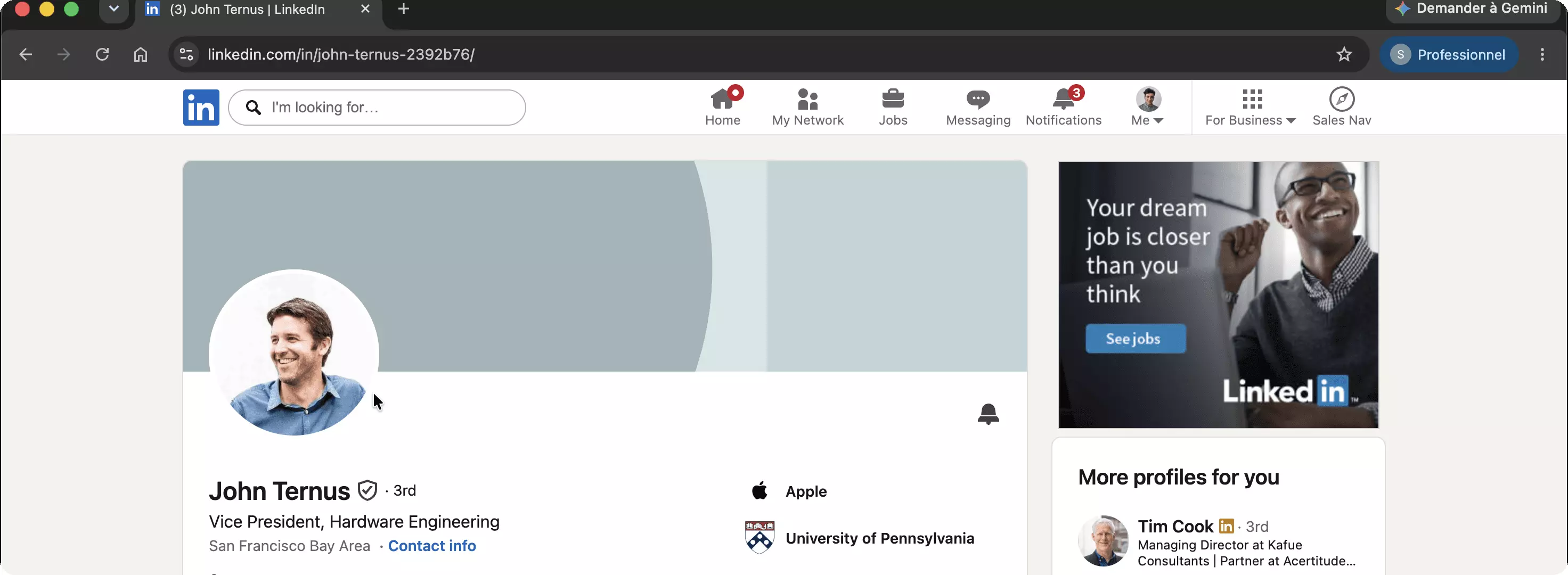 John Ternus's LinkedIn profile, Vice President Hardware Engineering at Apple, with the default hash URL john-ternus-2392b76 in the address bar