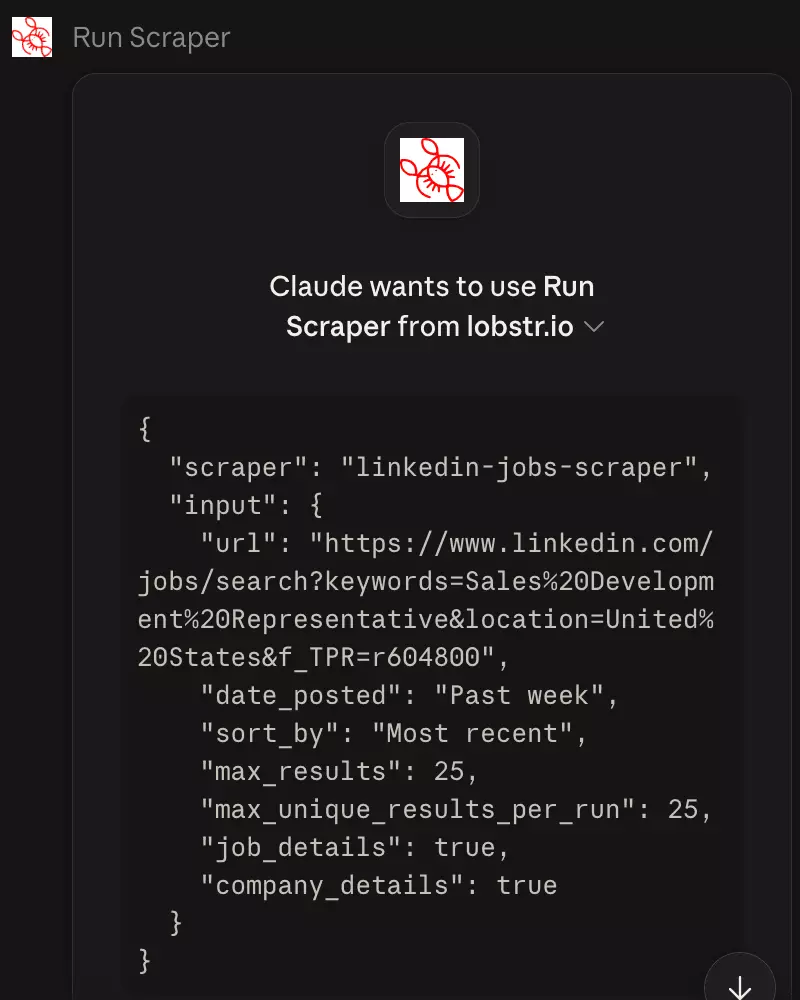 Claude's Run Scraper card for a past-week SDR job search