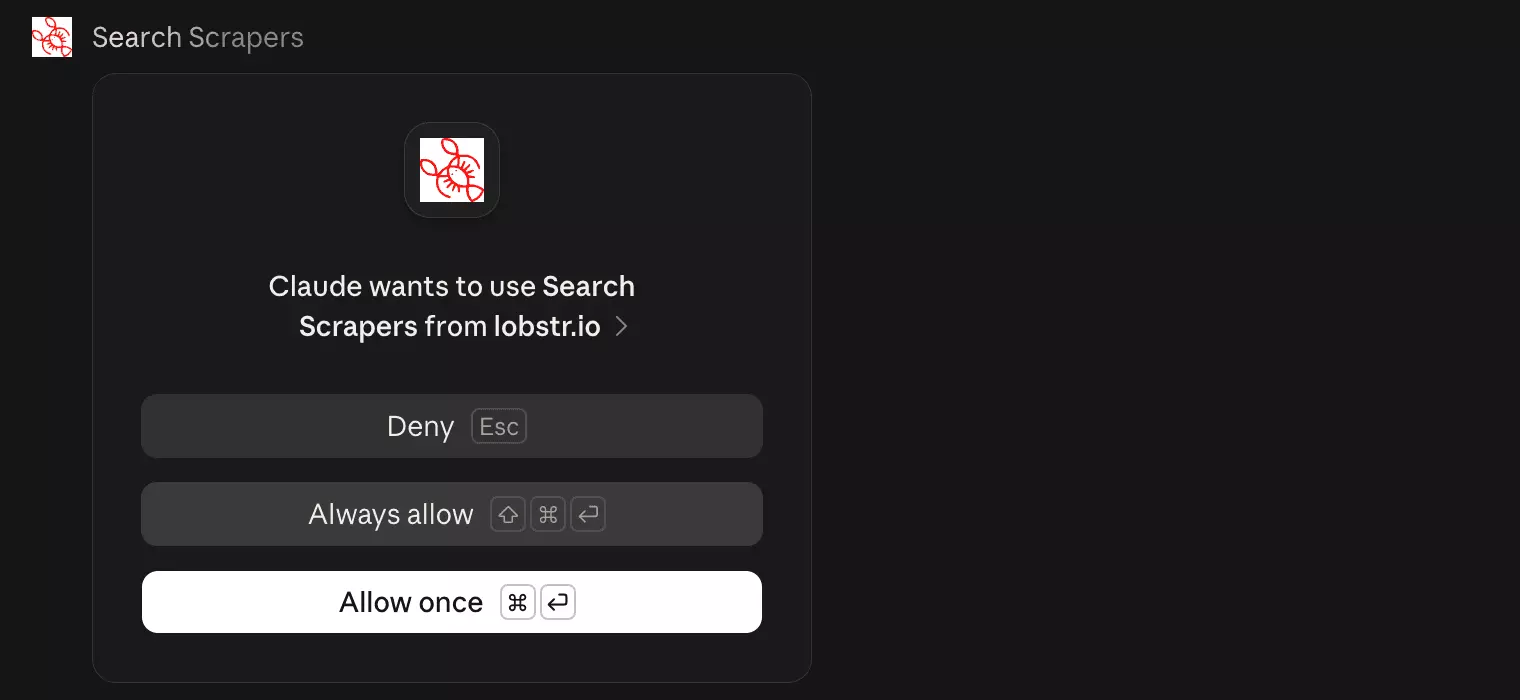 Claude asking permission to use a lobstr.io tool