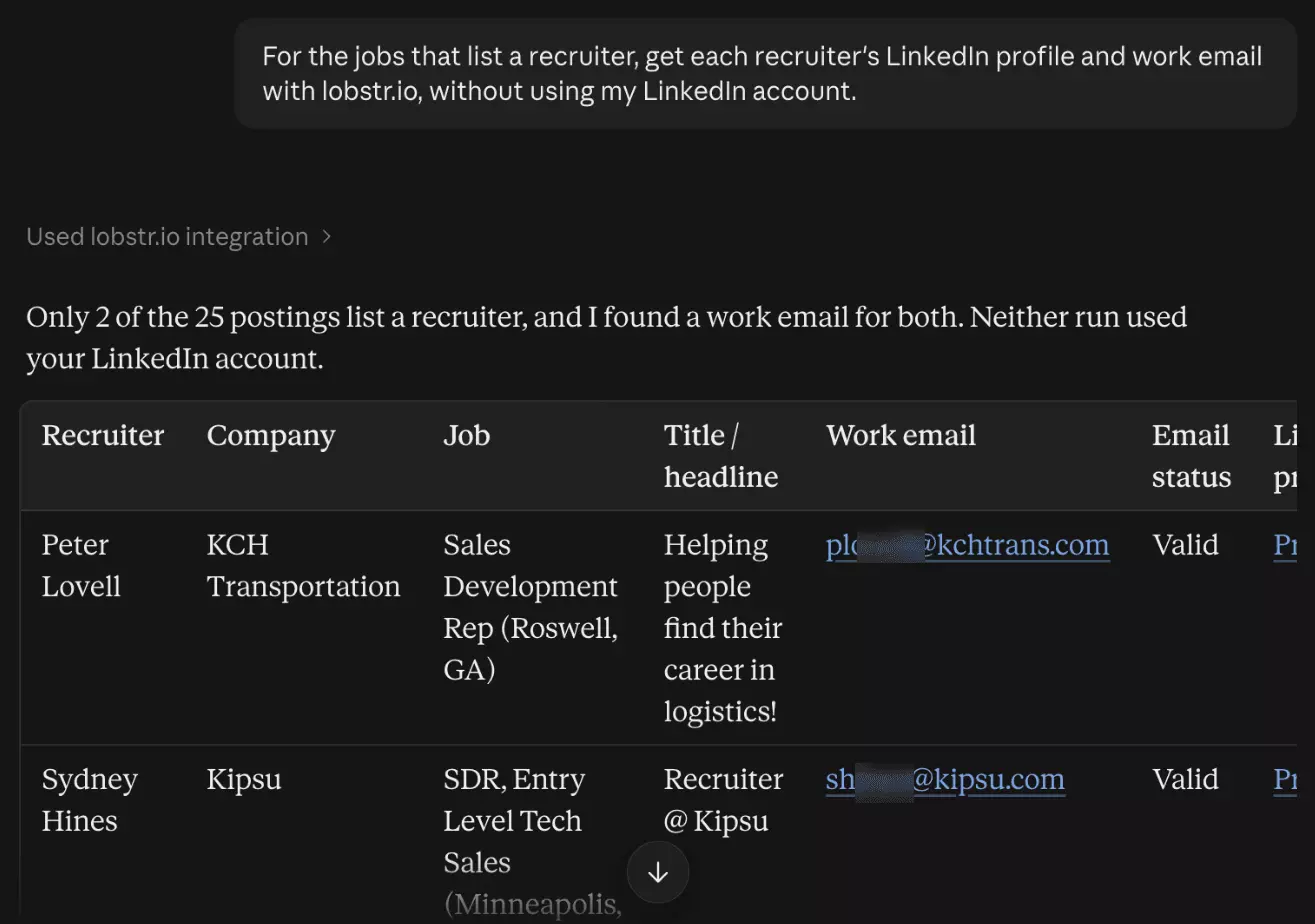 Recruiters with partly blurred work emails and their status