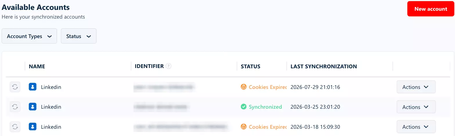 lobstr.io dashboard Accounts page with a synced LinkedIn account and the New account button