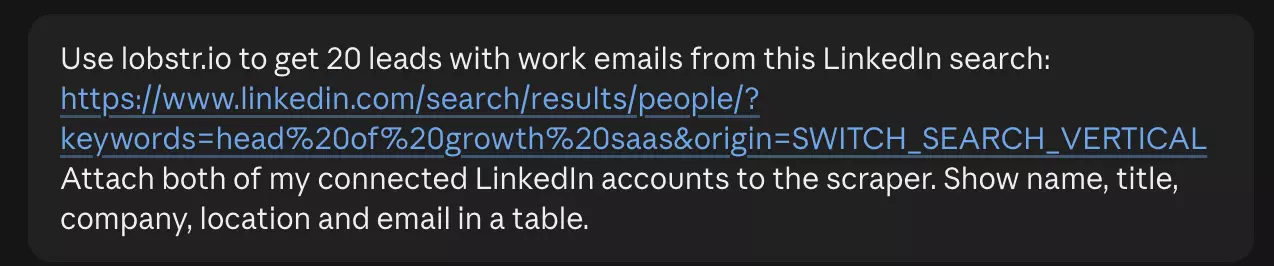 My Leads prompt in Claude with a pasted LinkedIn search URL