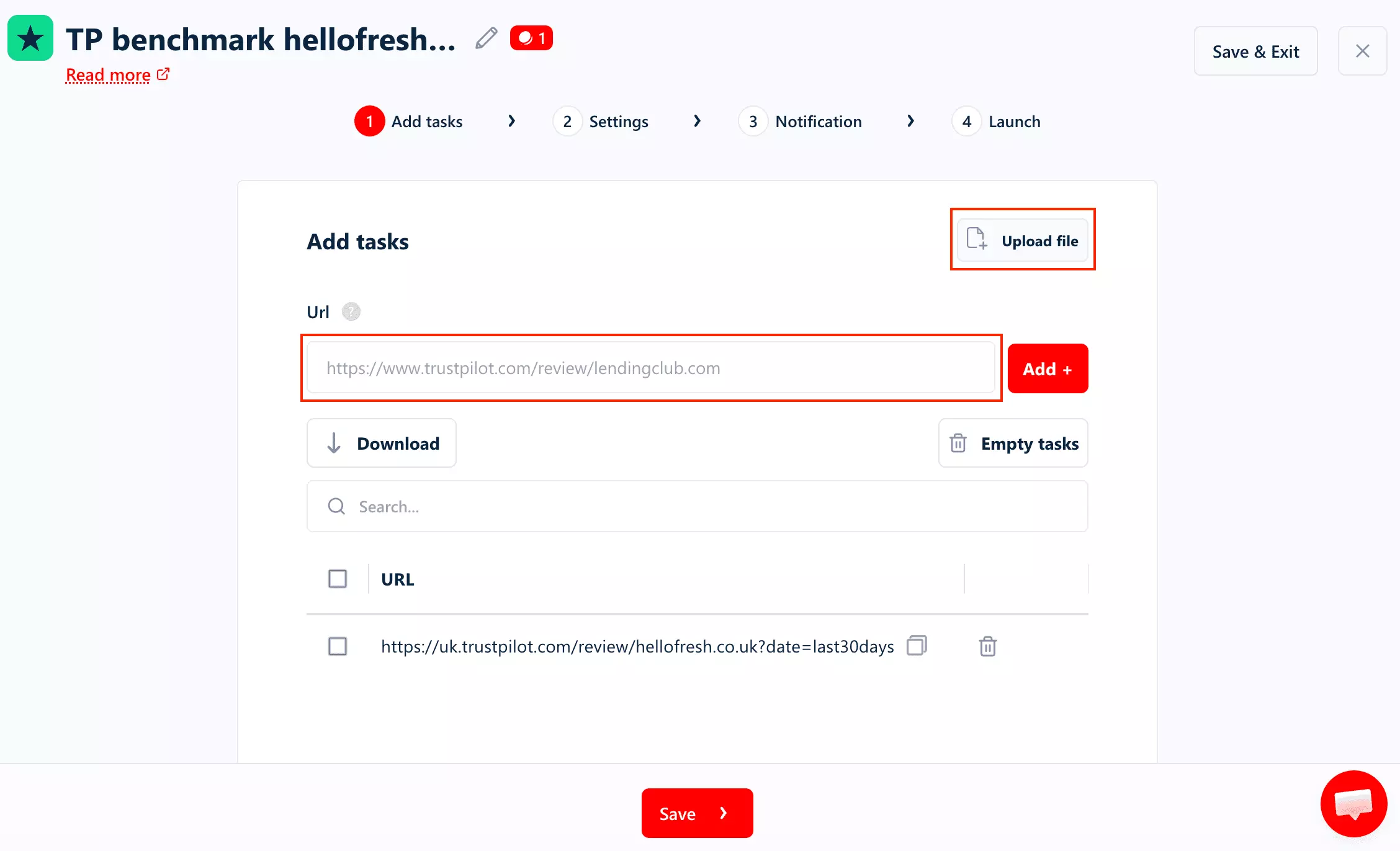 lobstr.io Trustpilot scraper setup: adding Trustpilot company pages before a run
