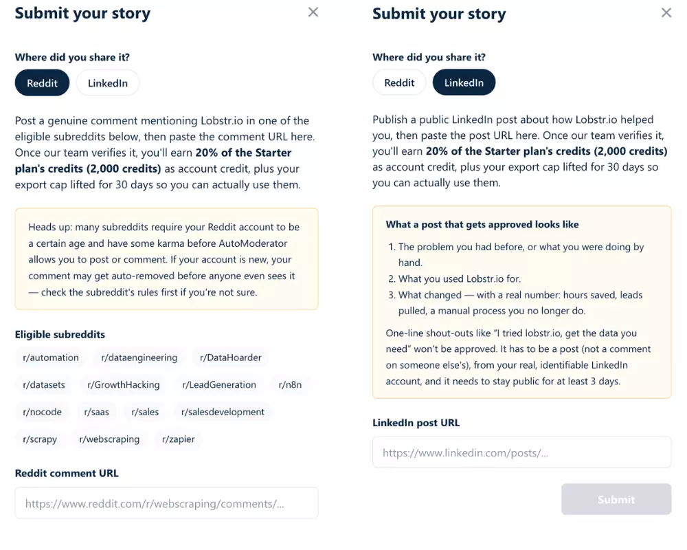 lobstr.io community rewards: bonus credits for an approved Reddit or LinkedIn story