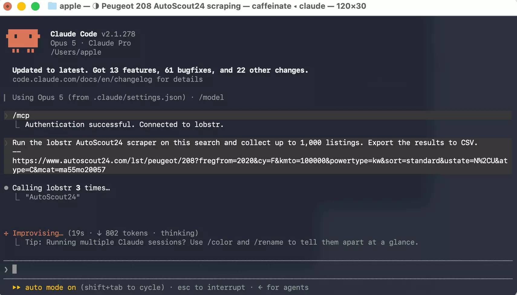 Exécution du scraper AutoScout24 de lobstr.io depuis un client IA via le serveur MCP