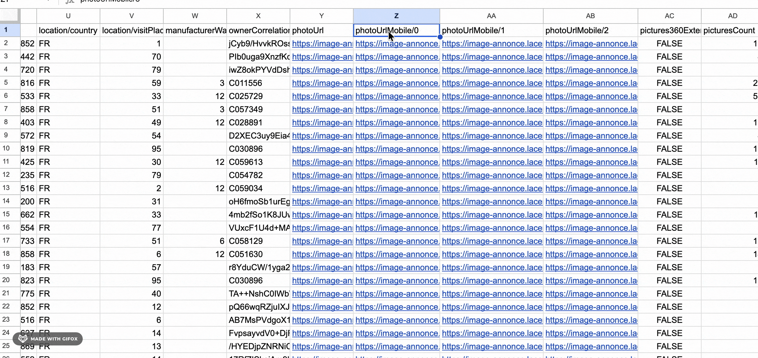 Colonnes URLs photos désordonnées dans Apify