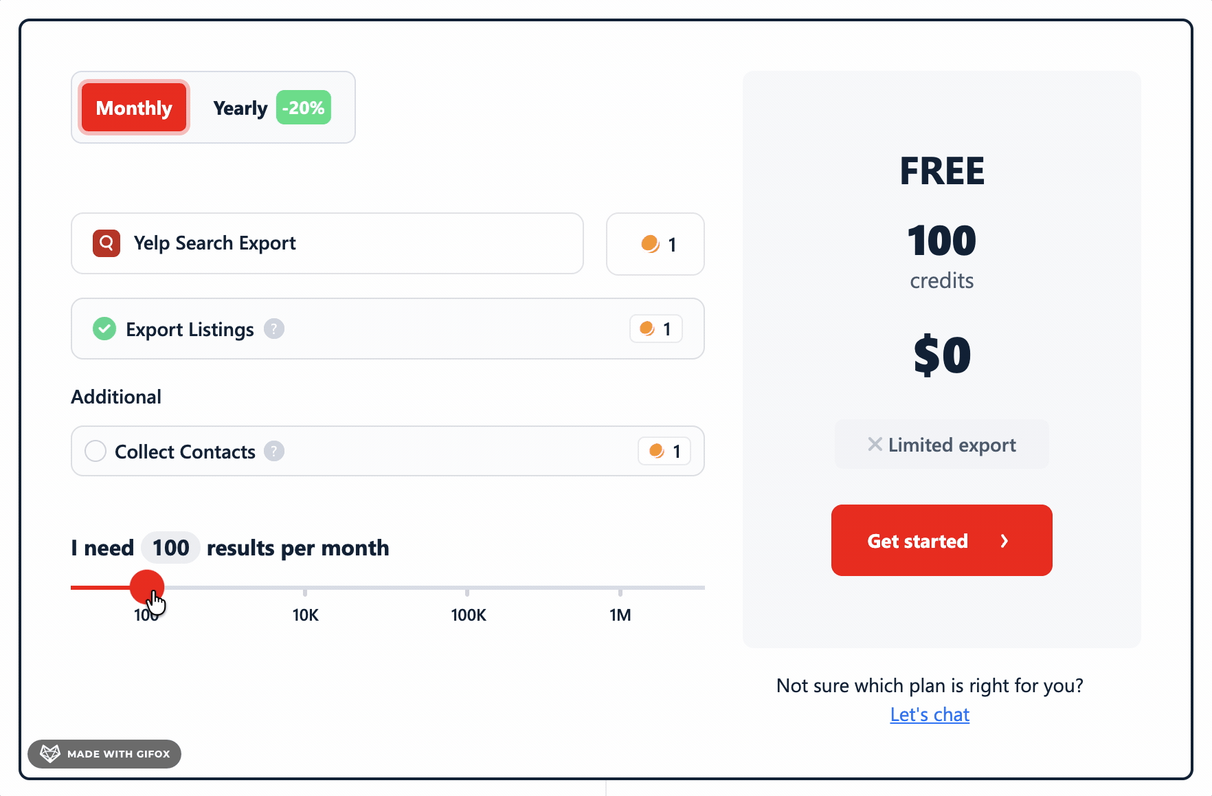 lobstr.io pricing page showing plans without Collect Contacts enabled