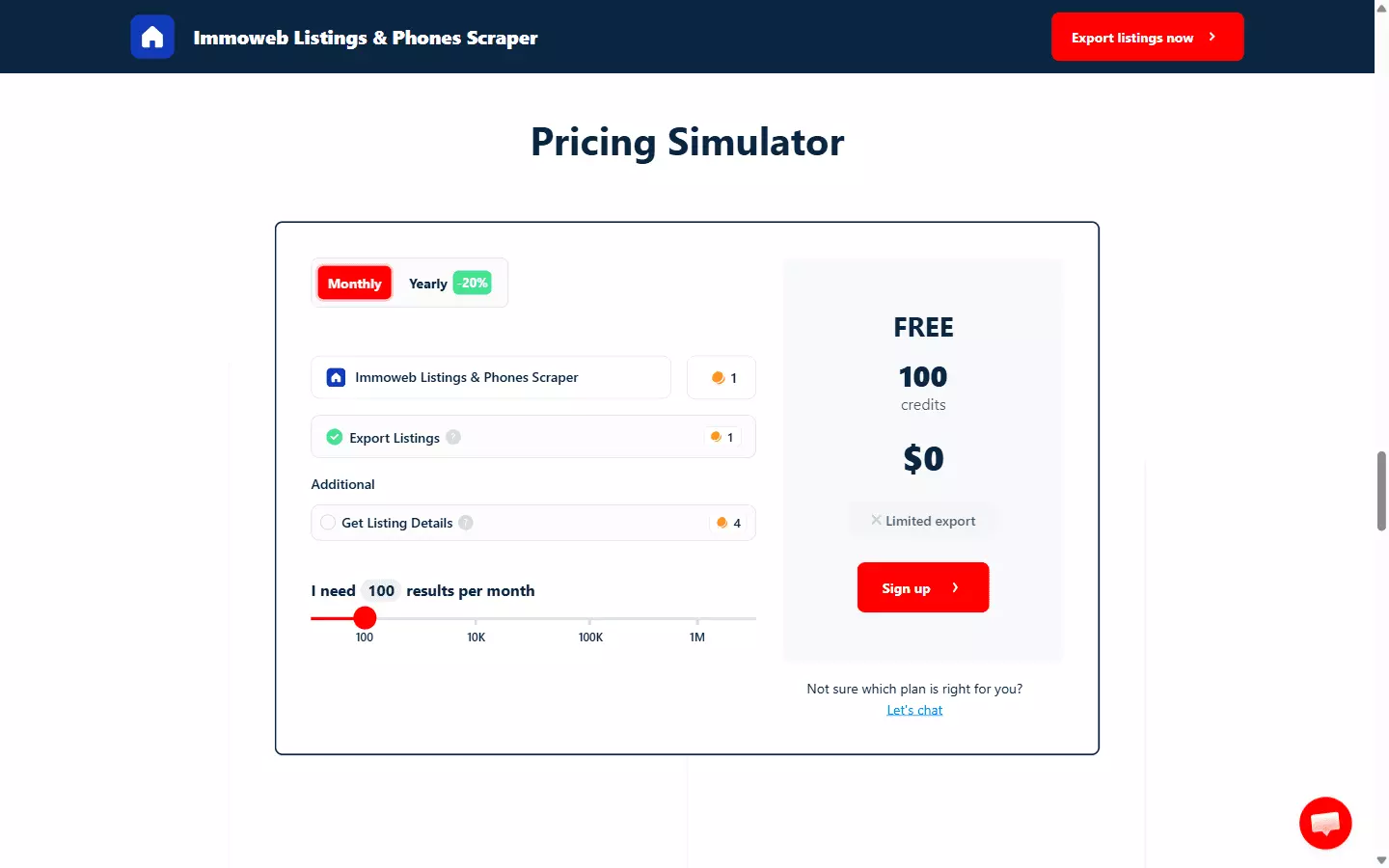 lobstr.io pricing simulator for the Immoweb scraper