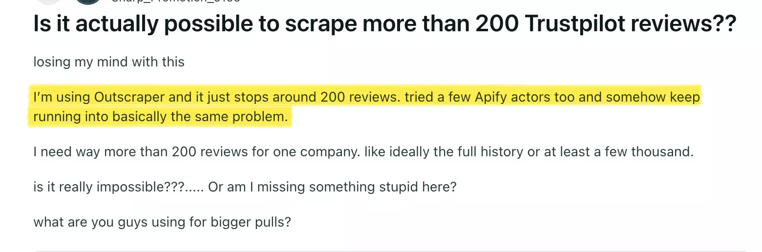 A Trustpilot scraper run reporting a finished status after returning only 200 of the 1,000 reviews requested