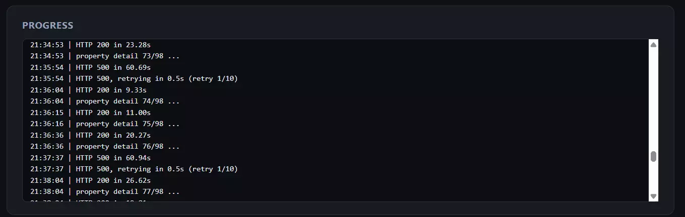 Piloterr full-data run log: property-detail requests taking up to 60 seconds each, with HTTP 500 errors retrying mid-run