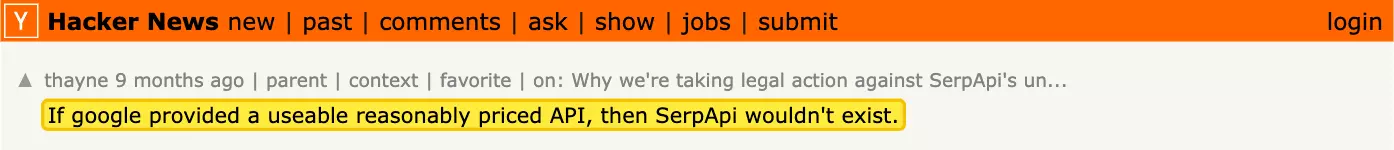 Hacker News comment on Google's missing search API
