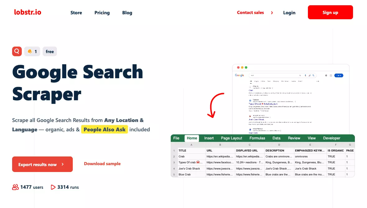 lobstr.io Google Search Scraper store page