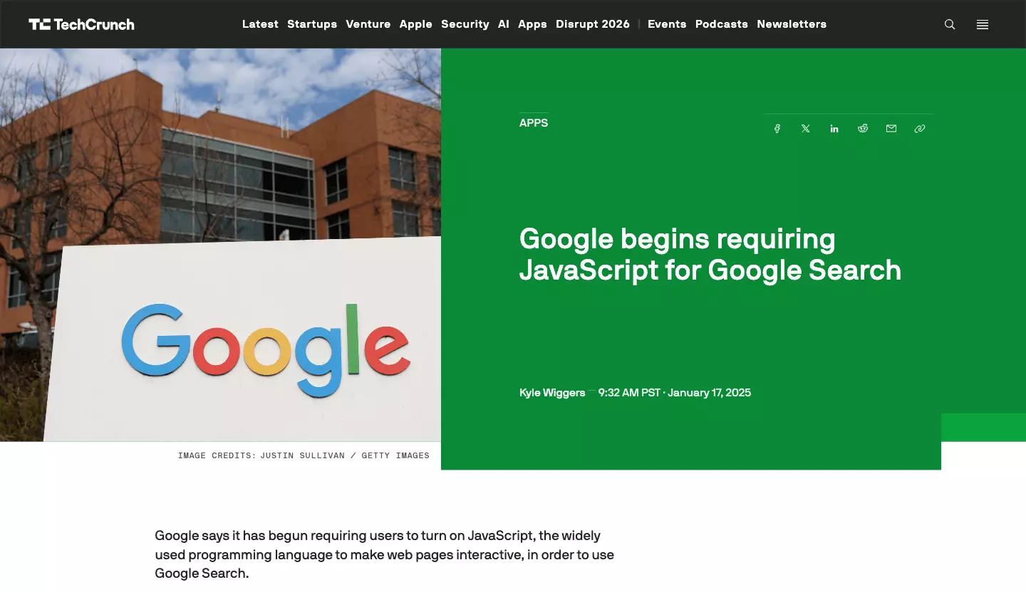 TechCrunch: Google requires JavaScript to search