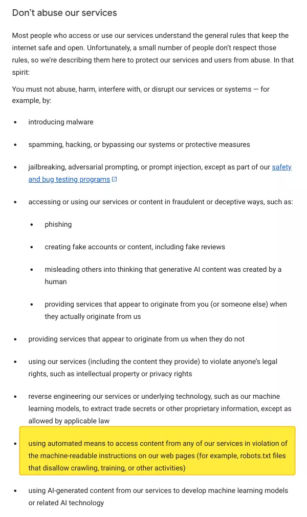 Google Terms of Service automated access clause