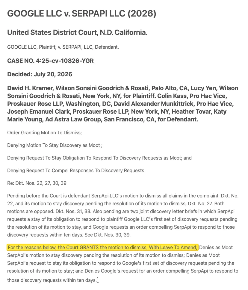 Google v. SerpApi dismissal order, July 2026