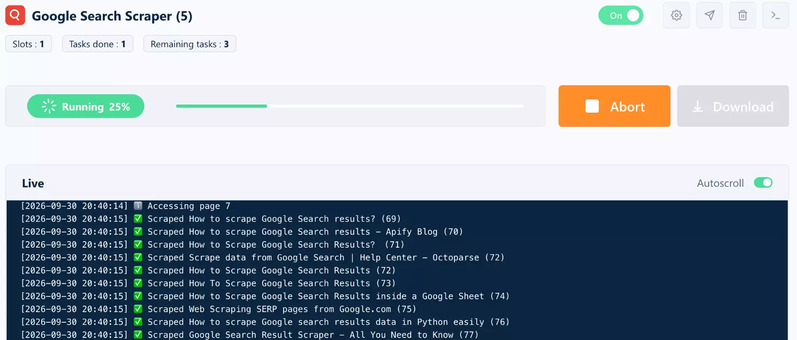 Live console of a Google Search run