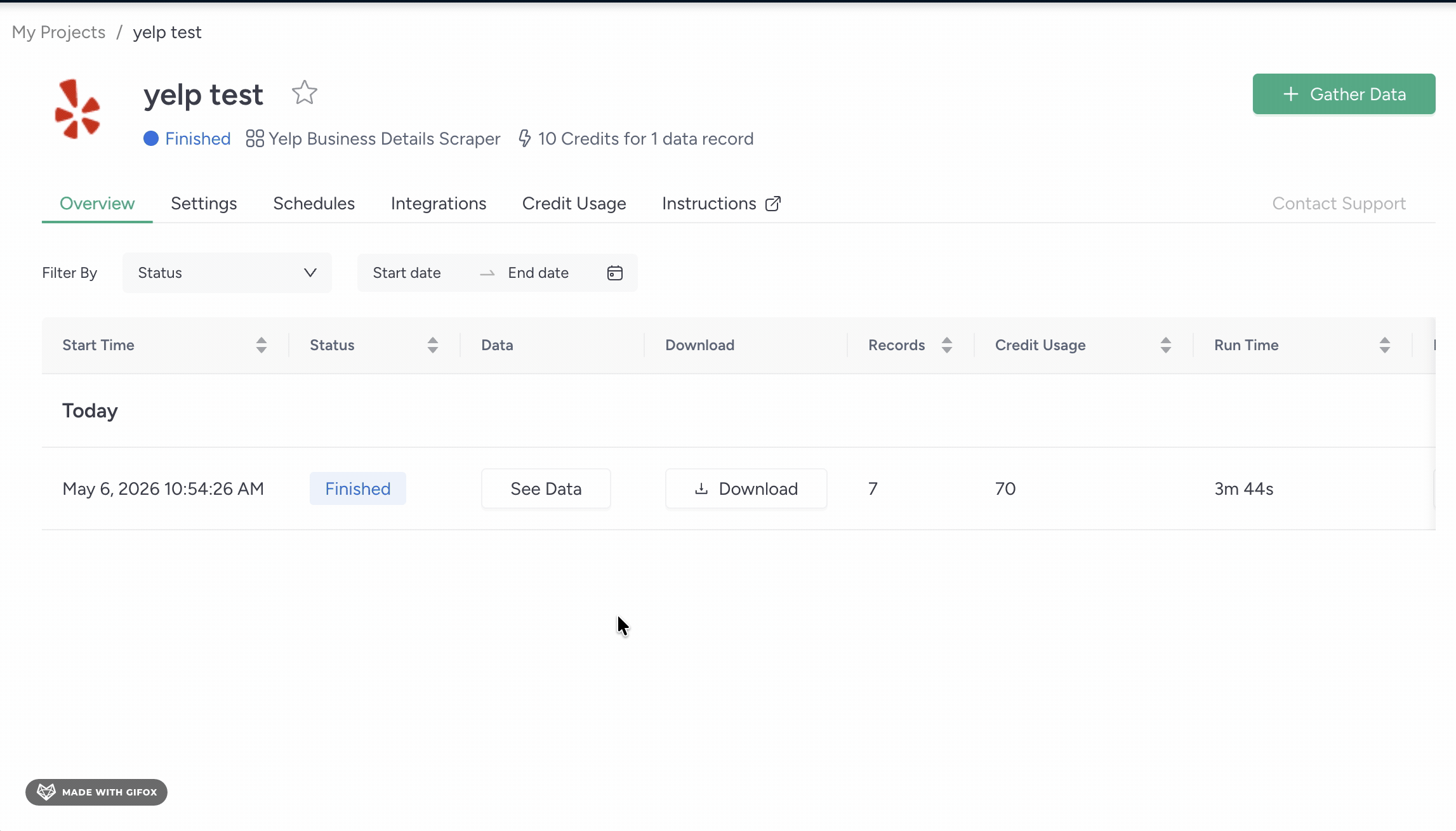 GIF showing ScrapeHero Cloud scheduling interface with frequency, start date, and timezone options