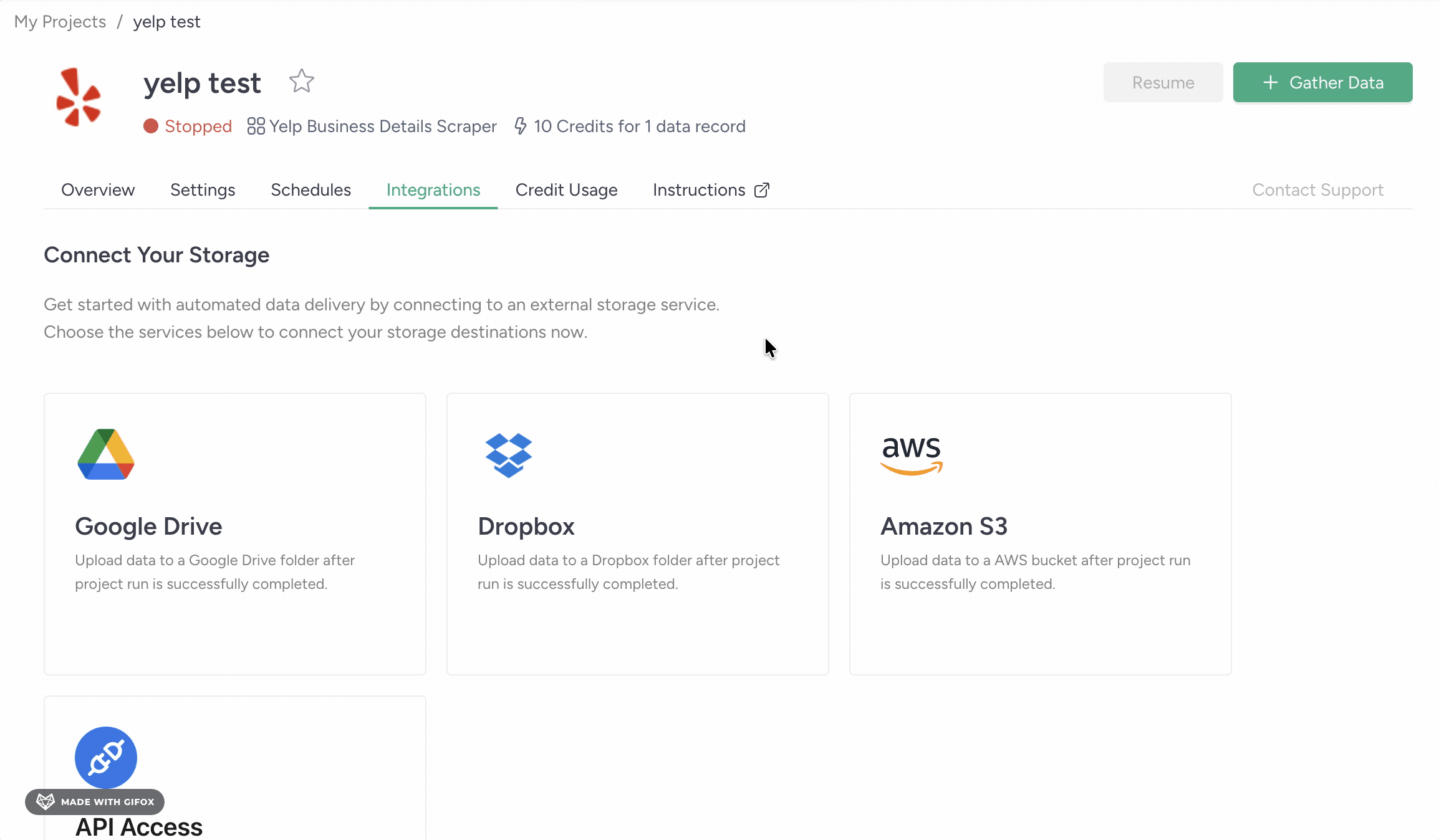GIF showing ScrapeHero Cloud integrations with Google Drive, Dropbox, and Amazon S3