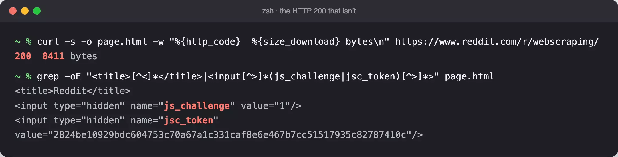 Reddit HTML page returning HTTP 200 with js_challenge and jsc_token fields