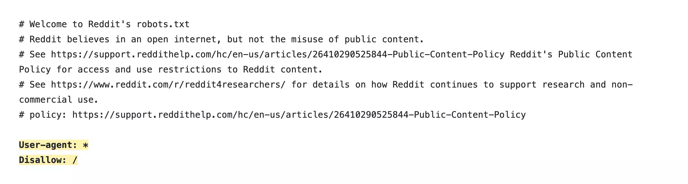 Reddit robots.txt disallowing every crawler
