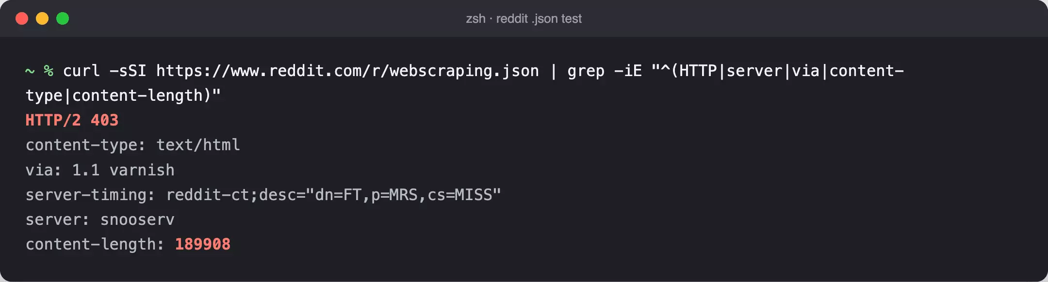 Terminal showing a Reddit .json URL returning HTTP 403