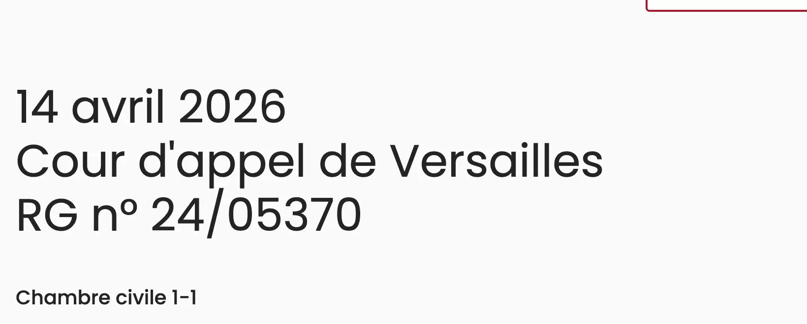 En-tête de la décision sur le site de la Cour de cassation (Judilibre) : 14 avril 2026, Cour d'appel de Versailles, RG n° 24/05370, Chambre civile 1-1