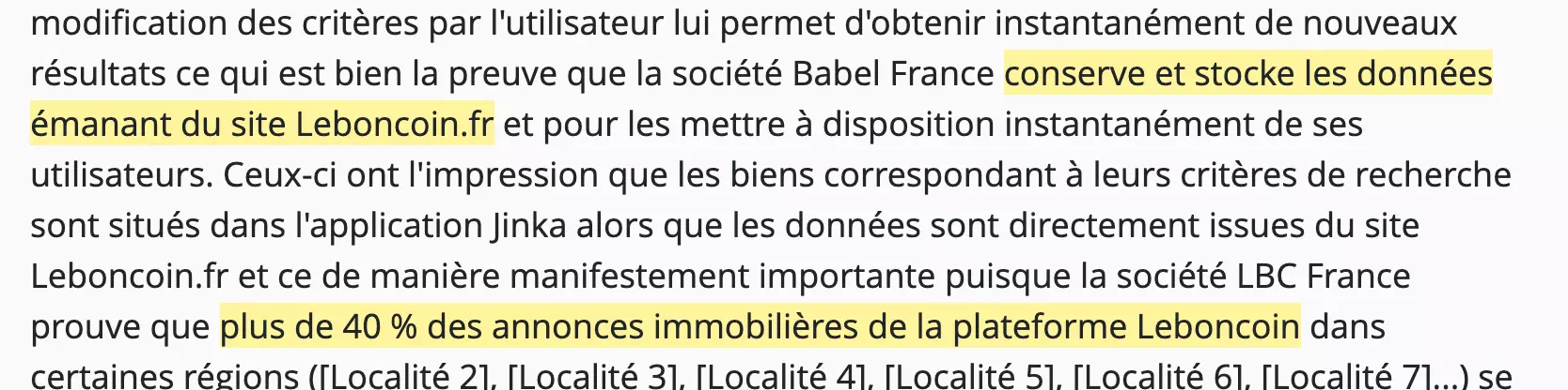 Extrait de l'arrêt de la cour d'appel de Versailles du 14 avril 2026 : la société Babel France conserve et stocke les données émanant du site Leboncoin.fr, et plus de 40 % des annonces immobilières de la plateforme Leboncoin dans certaines régions se retrouvent sur Jinka, passages surlignés