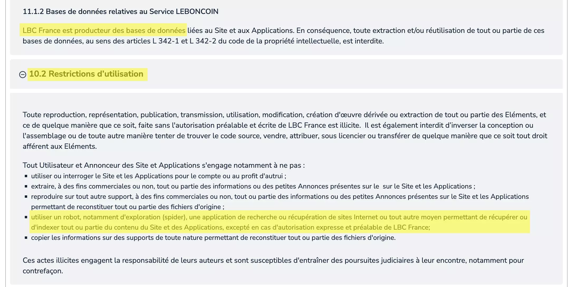 CGU de Leboncoin : clause « LBC France est producteur des bases de données » puis article 10.2 Restrictions d'utilisation, avec surlignée l'interdiction d'utiliser un robot ou spider sans autorisation expresse et préalable de LBC France