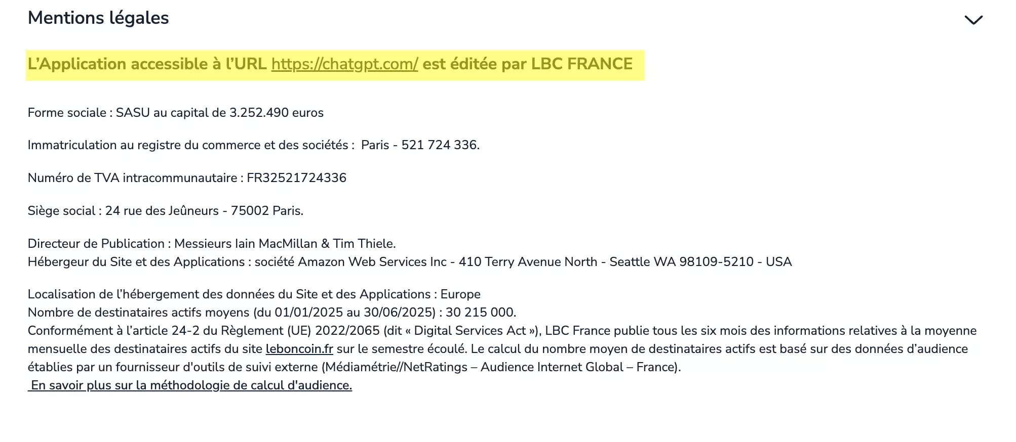 Page cgu-mcp de Leboncoin : mentions légales indiquant que l'application accessible à l'URL https://chatgpt.com/ est éditée par LBC France