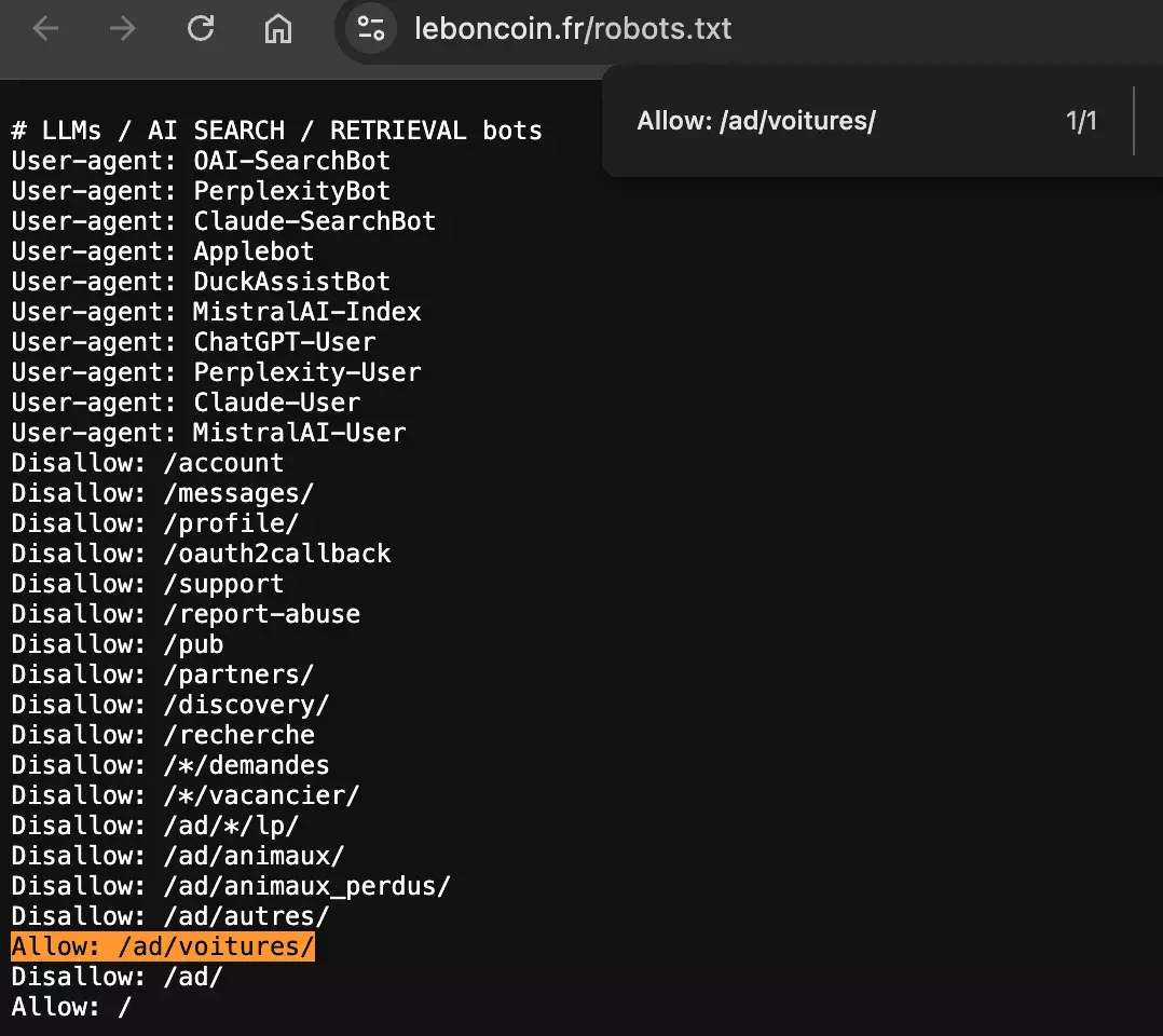 Bloc LLMs / AI SEARCH / RETRIEVAL bots du robots.txt de Leboncoin : OAI-SearchBot, PerplexityBot, Claude-SearchBot, ChatGPT-User, Claude-User et d'autres, avec la ligne Allow: /ad/voitures/ surlignée au-dessus de Disallow: /ad/