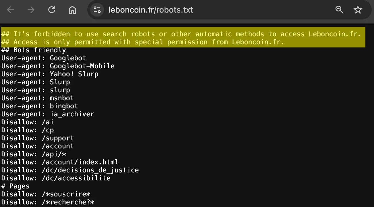 Fichier robots.txt de leboncoin.fr ouvert dans Chrome, les deux premières lignes surlignées : It's forbidden to use search robots or other automatic methods to access Leboncoin.fr. Access is only permitted with special permission from Leboncoin.fr.