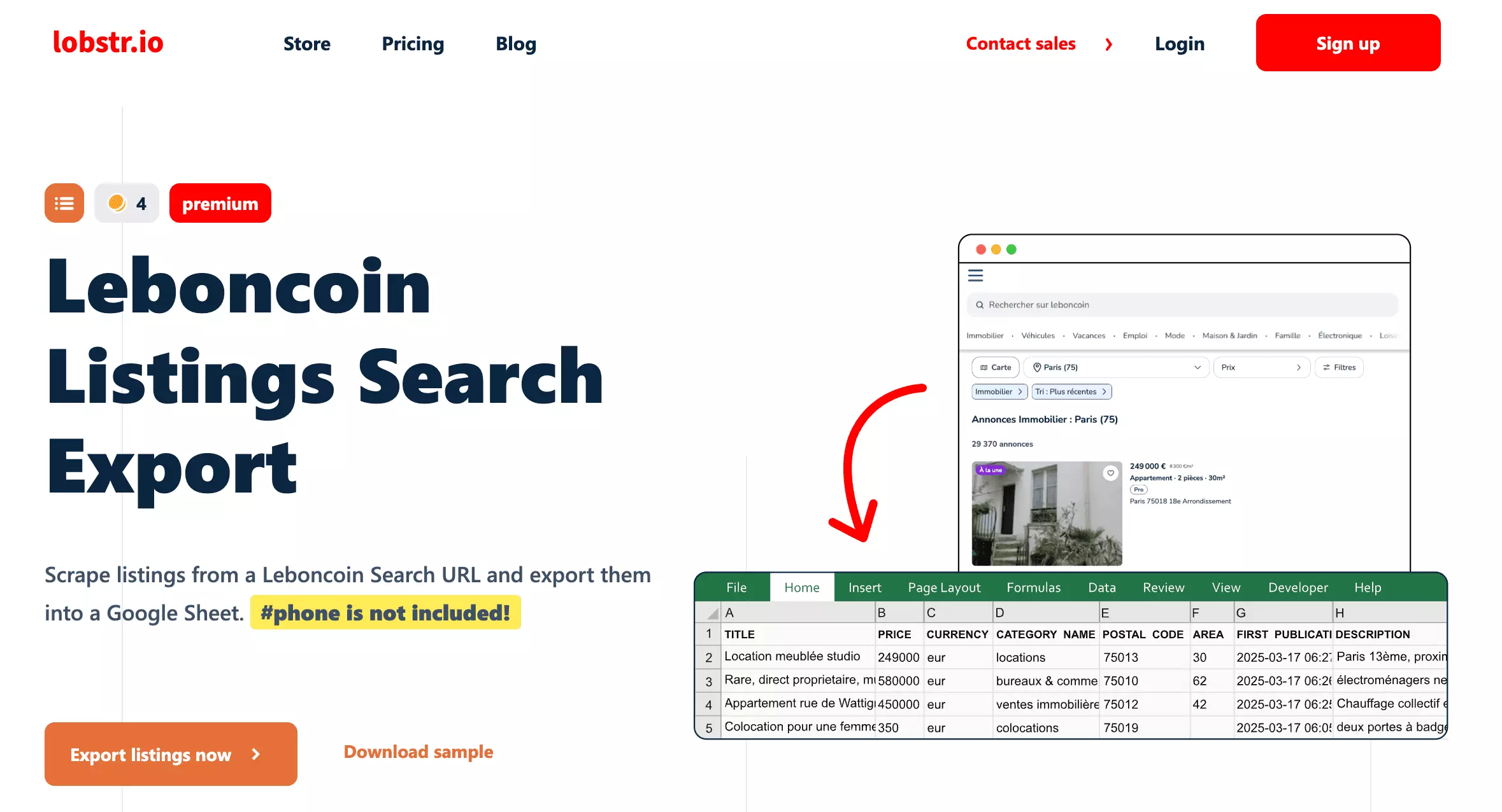Page produit lobstr.io du scraper Leboncoin Listings Search Export : une URL de recherche Leboncoin en entrée, un tableur avec titre, prix, devise, catégorie, code postal, surface, date de publication et description en sortie