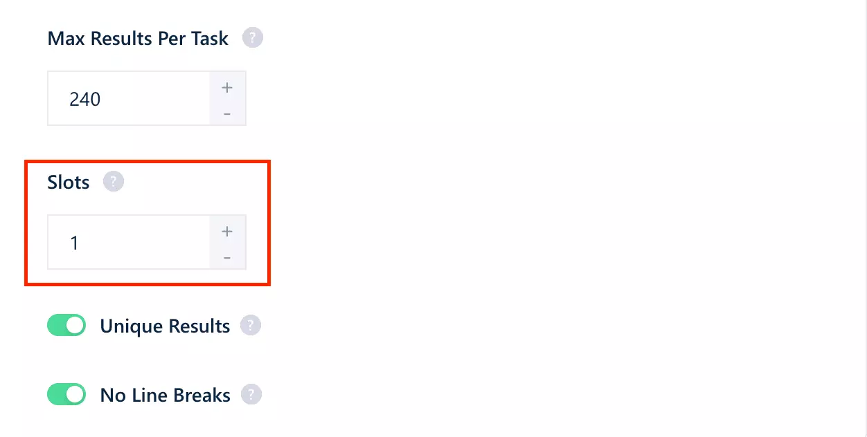 lobstr.io Slots setting interface showing how to increase parallel scraping bots