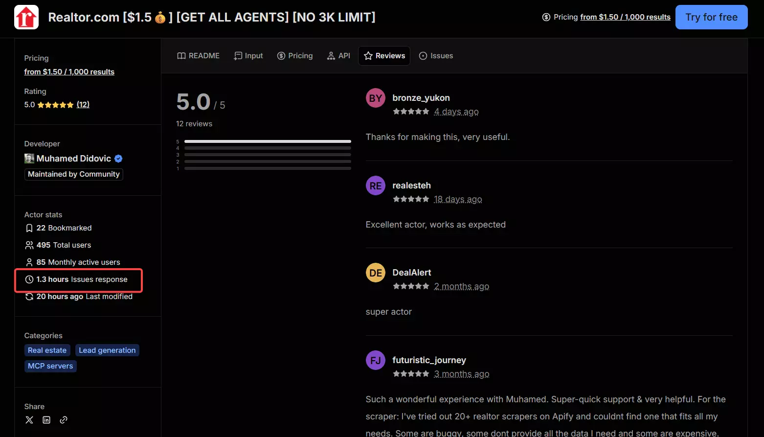 Apify actor reviews tab: 5.0 from 12 reviews, with a 1.3-hour issues response time highlighted