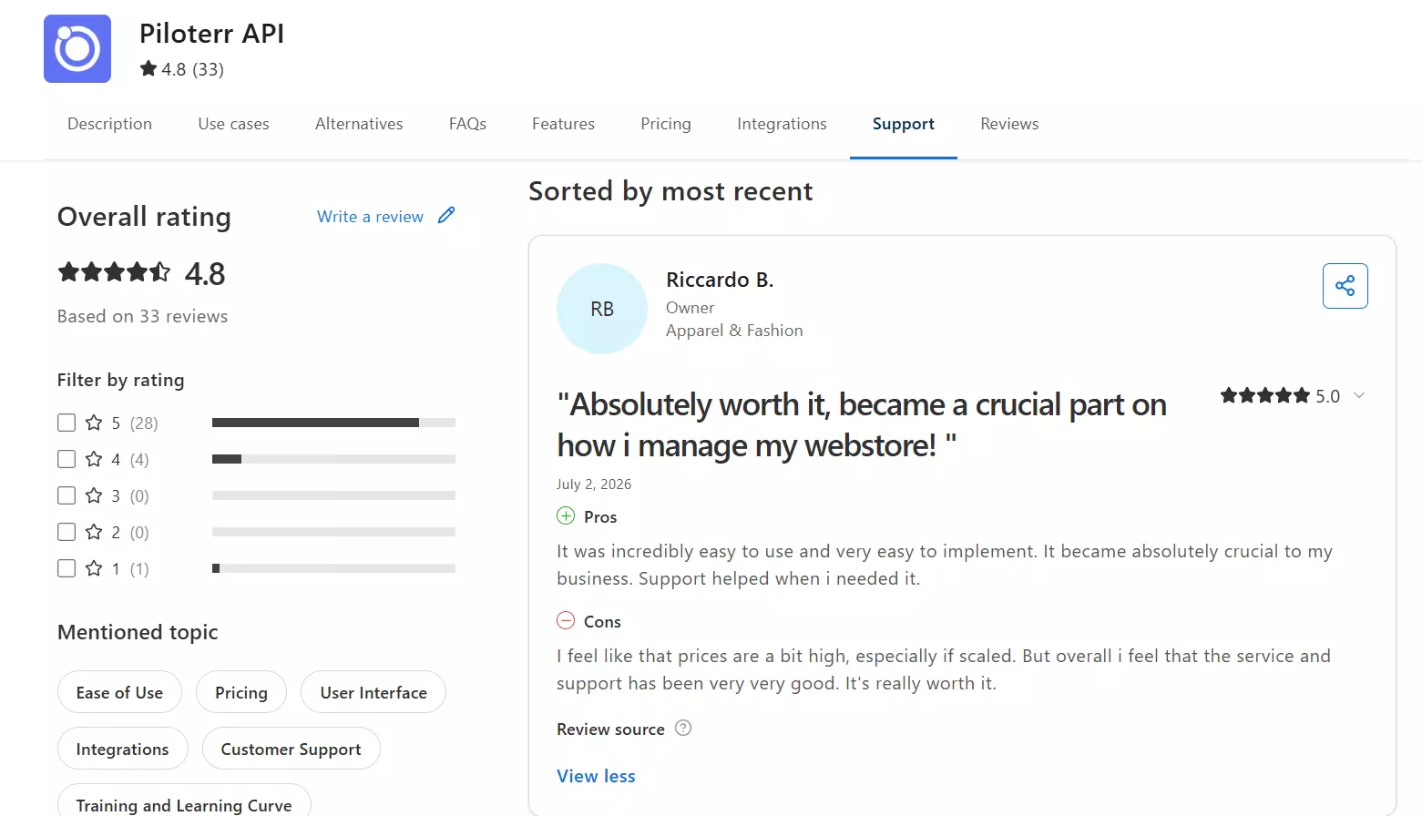 Piloterr API support on Capterra: 4.8 from 33 reviews