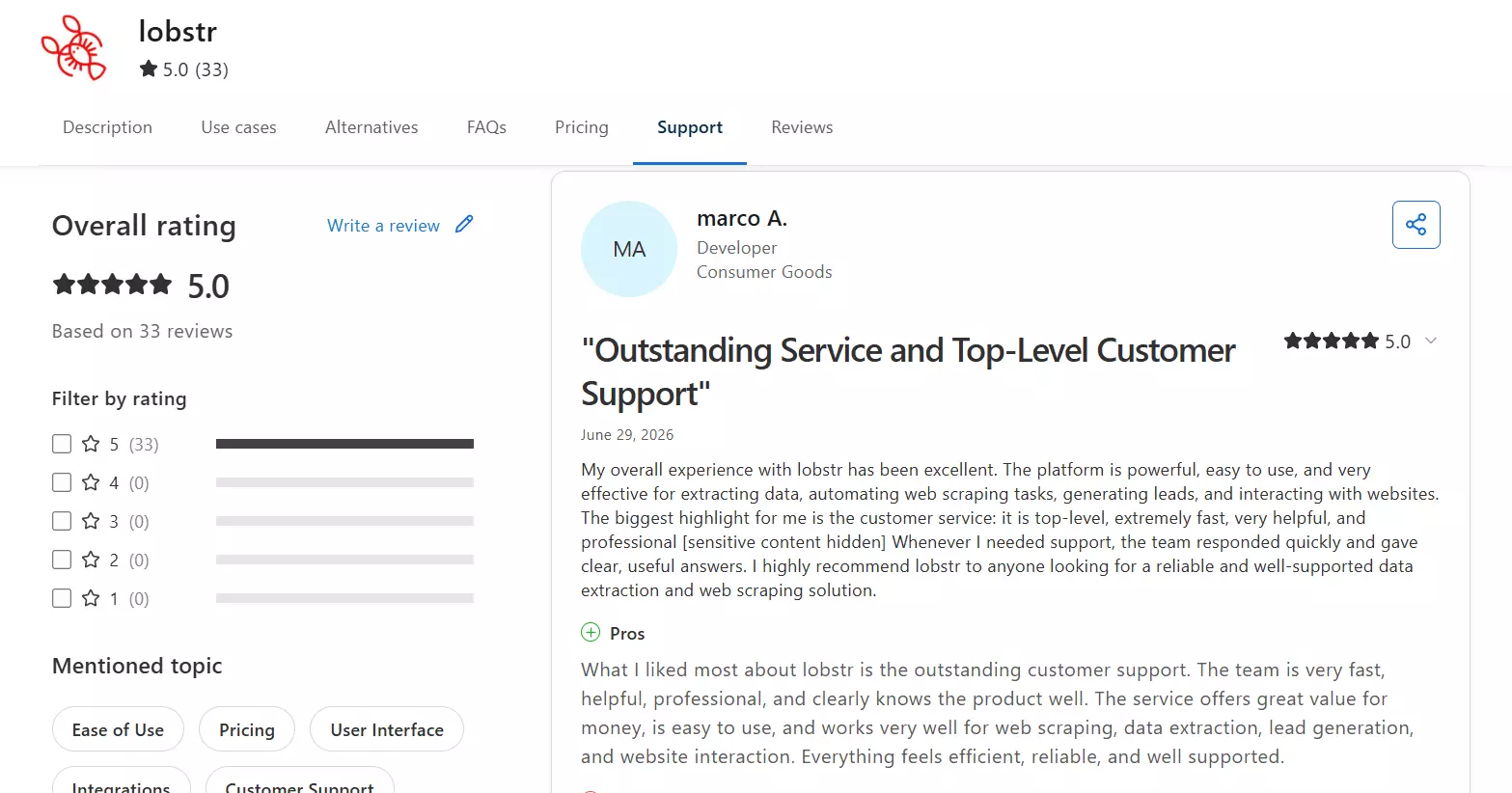 lobstr.io support on Capterra: 5.0 from 33 reviews, praising fast, top-level customer support